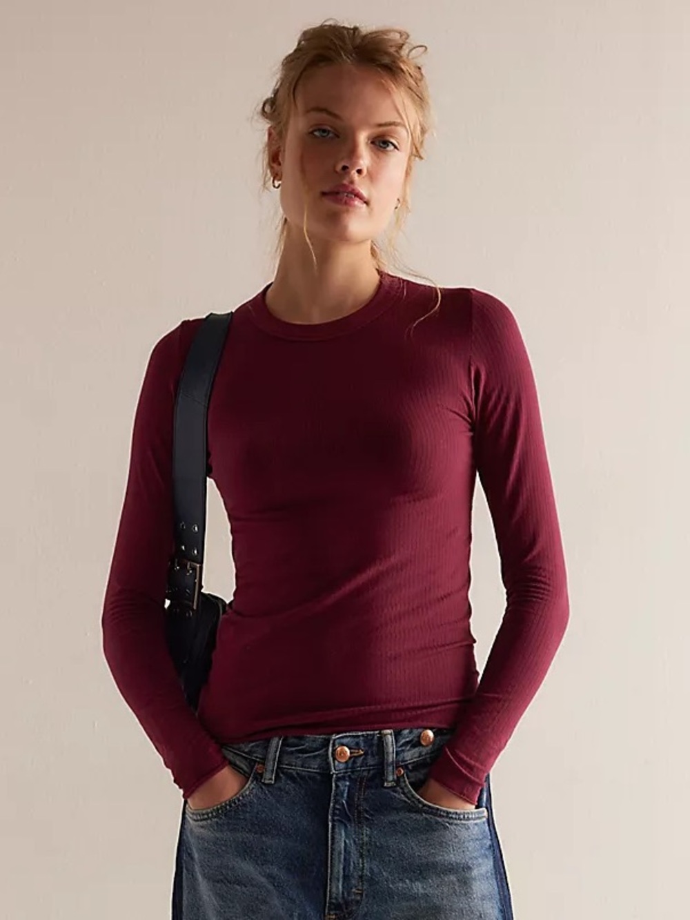 Free People So Soft Seamless Modal Long Sleeve Top Burgundy Size XS/S NWT